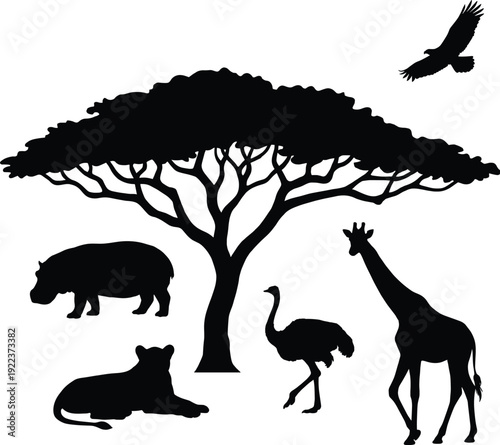 African savanna wildlife silhouette collection with acacia tree giraffe lion hippopotamus ostrich and flying bird vector graphic