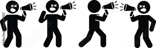 Collection of angry stick figure silhouettes shouting through megaphones, conflict communication and protest demonstration concept isolated on white background icon set illustration