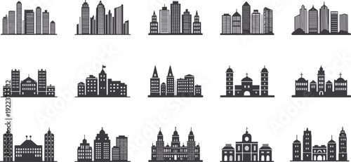 City skyline and architecture silhouette illustration featuring skyscrapers, government buildings, churches, cathedrals, and landmarks symbolizing urban design, culture, history, and educational graph
