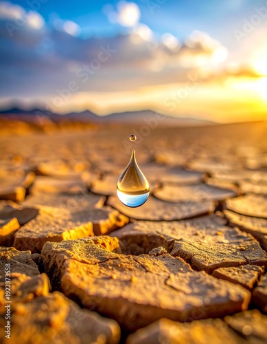 Minimalist macro of a lone water droplet hovering above cracked desert earth, warm golden tones, extreme shallow depth of field, cinematic lighting, symbolic contrast between drought and hope.