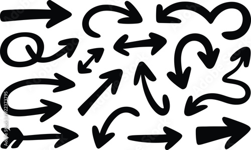 A varied collection of black hand drawn arrows showing single and double headed styles on a crisp white background