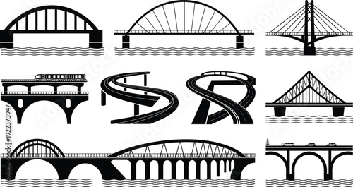 Collection of nine stylized bridge silhouettes, symbolizing civil engineering, transportation infrastructure, architecture, and water-spanning structural design