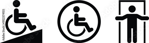 Collection of three accessibility icons, symbolizing wheelchair access, ramp entry, and elevator lift, promoting inclusivity and universal design