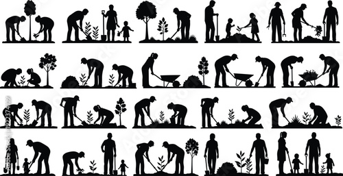 Black silhouette illustrations of people gardening with tools, planting trees, watering plants, teamwork, family outdoor activity, environmental care, community gardening scene