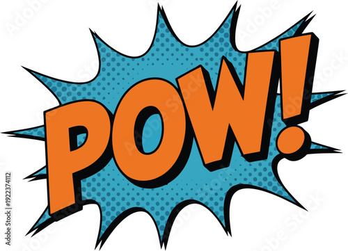 A vibrant orange POW text burst graphic with blue dots resembling a retro comic book sound effect