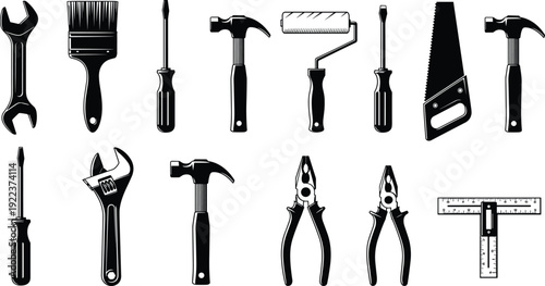 Black silhouette set of various hand tools including hammer, wrench, screwdriver, and saw isolated on white background for DIY home improvement.