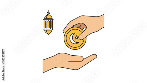 Hand Holding Golden Lantern and Coin.