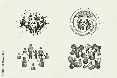 Stipple Social Graphics Set: Community, Family Protection, Network