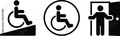 Collection of three accessibility icons, symbolizing wheelchair ramp access, general disability inclusion, and accessible entrance for universal design