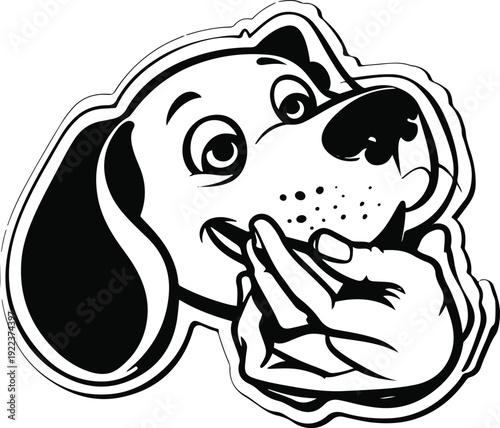 Extra heavy outline sticker-style vector of a playful dog gently giving a friendly love nibble on a human’s fingers, rounded cartoon proportions, thick stroke, no texture, pure black