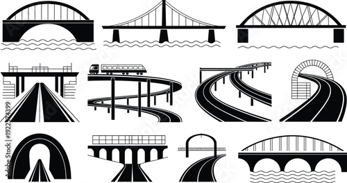 Collection of twelve stylized bridge and road icons, symbolizing civil engineering, transportation infrastructure, architecture, and structural design