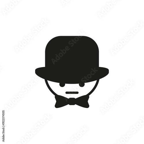 Man character icon in bowler hat and bow tie. Vector silhouette of a gentleman or spy face. Isolated illustration on white background.