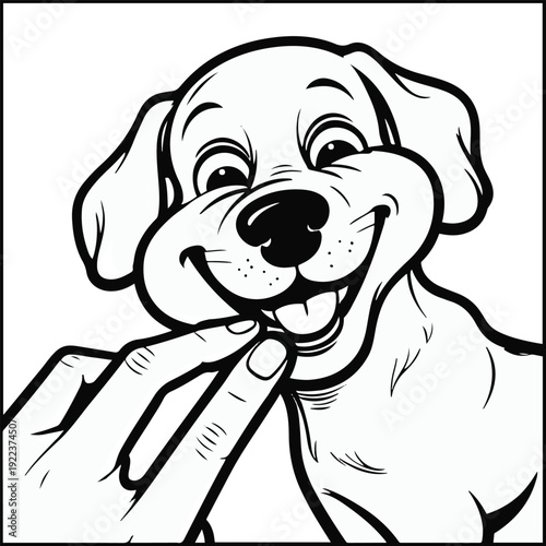 Extra heavy outline sticker-style vector of a playful dog gently giving a friendly love nibble on a human’s fingers, rounded cartoon proportions, thick stroke, no texture, pure black and white 3