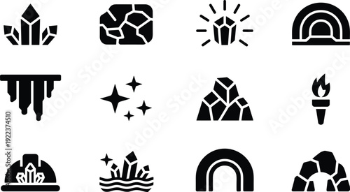 Collection of twelve stylized geology and cave icons, symbolizing crystals, rocks, caves, mining, torchlight, and underground exploration