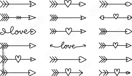 An assortment of black outline arrows featuring charming hearts and elegant handwritten love script on white