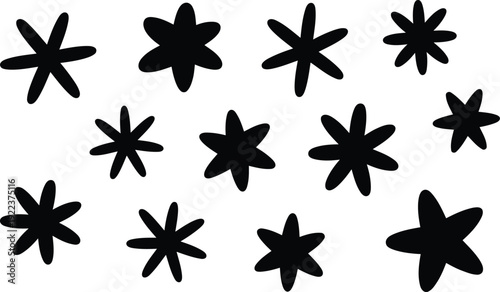 An energetic collection of spiky hand drawn black star shapes with jagged points on a white background