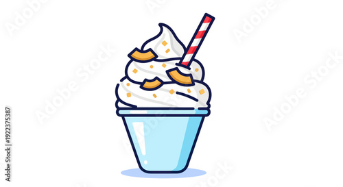 A cartoon vanilla milkshake with nut toppings and a red striped straw in a blue cup.