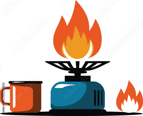 An orange mug and blue portable camping stove with an active flame stand next to a small fire