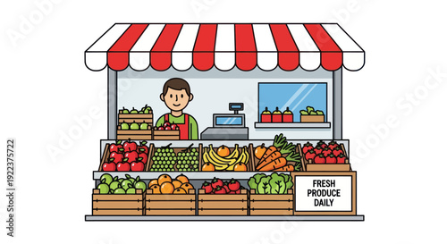 Cartoon Fruit and Vegetable Stand with Vendor and Fresh Produce.