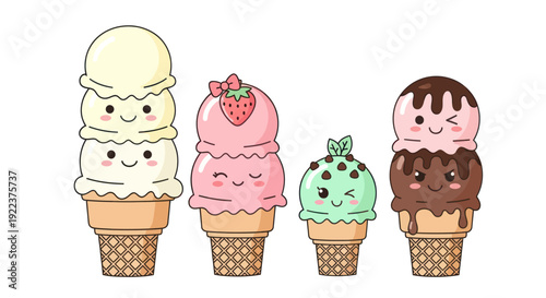 Set of adorable kawaii ice cream cones with happy faces and different flavors.
