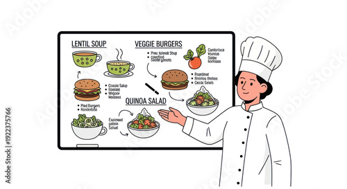 Chef Presenting Healthy Vegetarian Meal Options on Whiteboard Display.