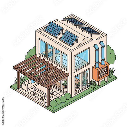 Modern House with Solar Panels and Patio.