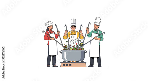 Three Chefs Cooking Together with Large Pot and Ladles.