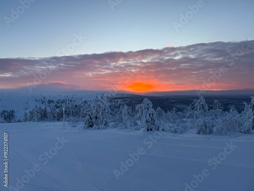 Saariselkä Ski Resort in the very North of Lapland within the beautiful nature of Finland during the first Day of the Year after a long and frosty arctic polar night