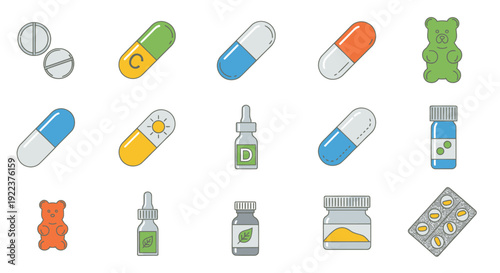 Assortment of colorful medical pills capsules and gummy bear supplements.