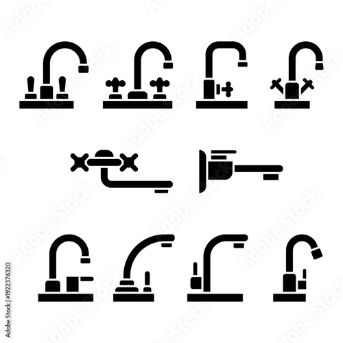 Set of water tap silhouettes, black flat icons of various kitchen and bathroom faucet designs. Vector illustration on white background.