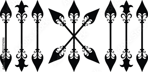 Black decorative spears arranged symmetrically with a central cross pattern on a clean white background