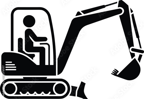 Excavator construction vehicle silhouette with operator digging ground, heavy equipment machinery icon isolated on white background industrial illustration