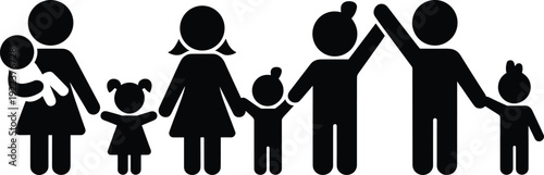 Family silhouettes with parents and children holding hands, happy family unity and parenting concept isolated on white background icon illustration