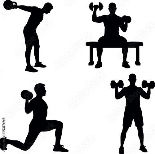 Set of fitness man silhouettes performing strength training exercises including dumbbell lunges overhead presses seated bench lifts and kettlebell rows