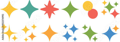 Brightly colored sparkle and star shapes arranged neatly on a crisp white background offering cheerful visual elements