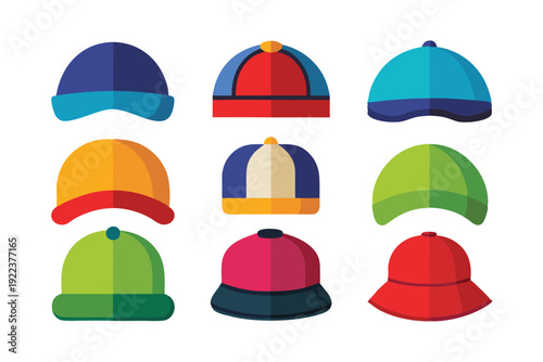 hats and caps flat color icons set vector on white background
