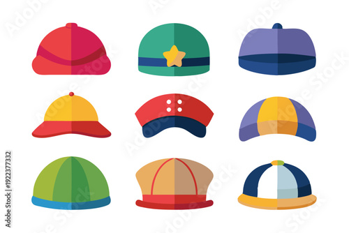 hats and caps flat color icons set vector on white background