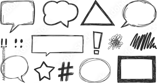 Hand drawn speech bubbles and doodle shapes set with sketch stars, hashtag, exclamation marks and comic style elements isolated on white background illustration