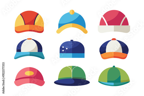 hats and caps flat color icons set vector on white background