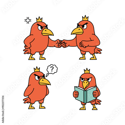Cartoon birds with crowns negotiating and reading contract with confused expression