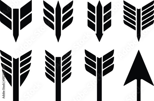 Collection of black stylized arrow fletching symbols resembling minimalist insignias on white
