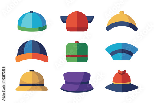 hats and caps flat color icons set vector on white background