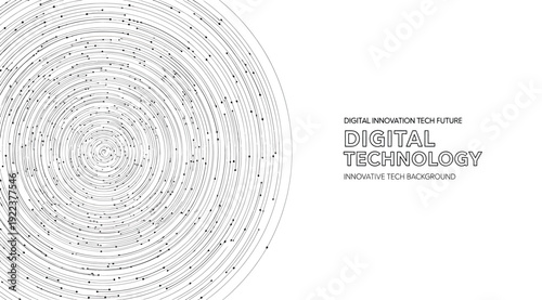 Digital technology concept with a circular pattern of tiny words on a white background