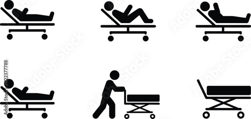 Hospital stretcher and adjustable patient bed icons set, medical transport trolley and emergency healthcare equipment silhouettes isolated on white background illustration
