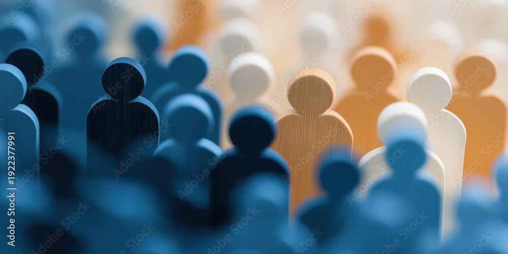 Fototapeta premium Colorful wooden human figurines in shades of blue and orange representing diversity and inclusion concept.