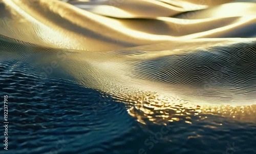 Golden sand dune on water. Shining wave. Ocean surface. Sunset reflection. Nature landscape. Golden light. Dark blue sea. Sandy beach. Wave pattern.