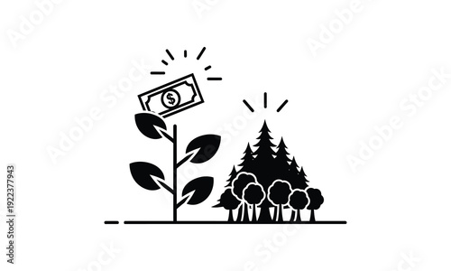 A plant with money growing on it next to a forest of trees