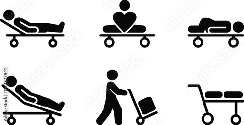 Hospital stretcher and patient transport stick figure icons set, emergency medical care and ambulance service concept isolated on white background illustration