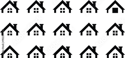 House icon grid illustration featuring pitched roof silhouettes with varied window designs including square, rounded, and solid block styles symbolizing architecture, housing, and pattern recognition 