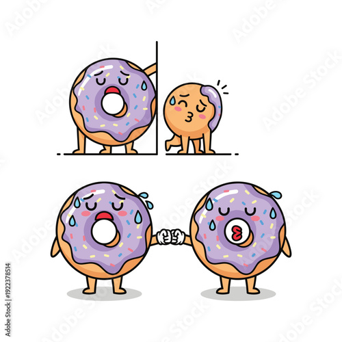 Cartoon donuts handcuffed together in a humorous illustration with copy space